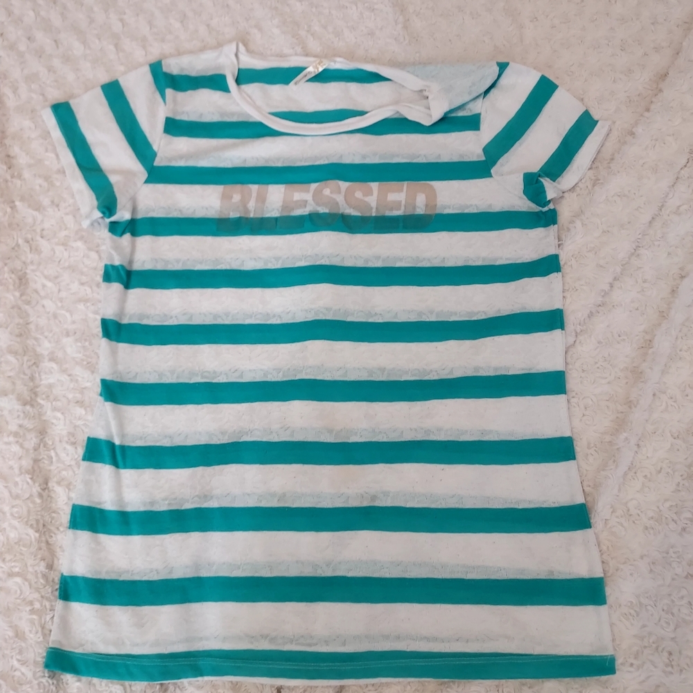 Ocasion Blessed Teal & White striped top 2X Inspirational Casual Church